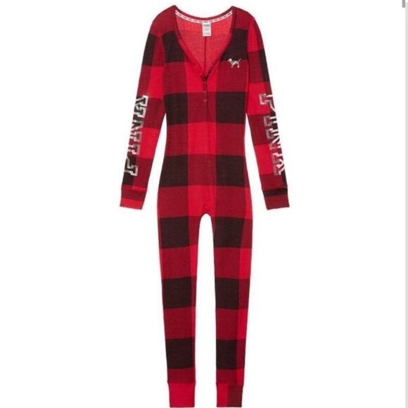VS PINK Thermal Onesie Loungewear Buffalo Plaid Sequin Red Black Size Medium - Picture 1 of 7
